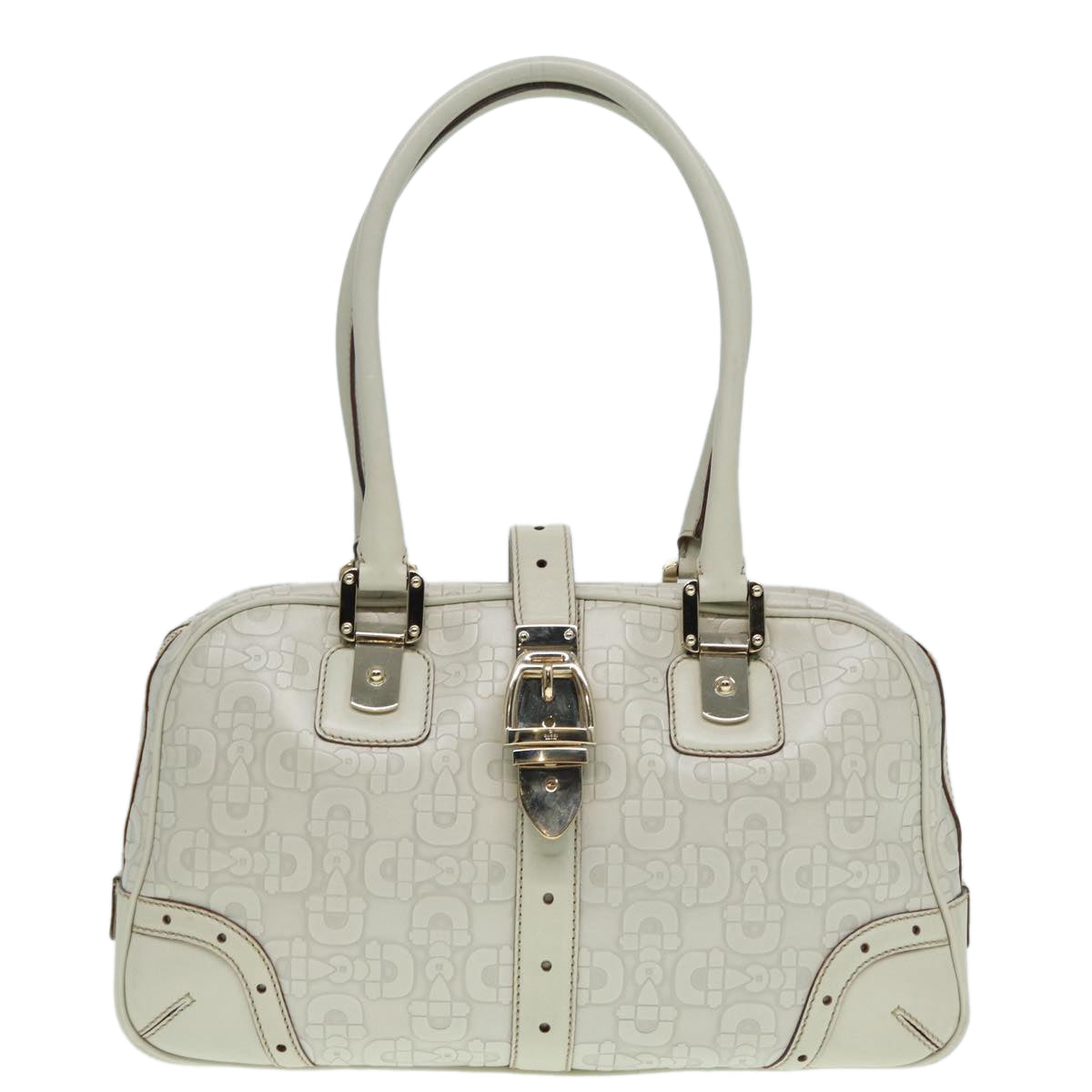 GUCCI Horsebit Shoulder Bag Leather Gold White 145770 Auth bs17324