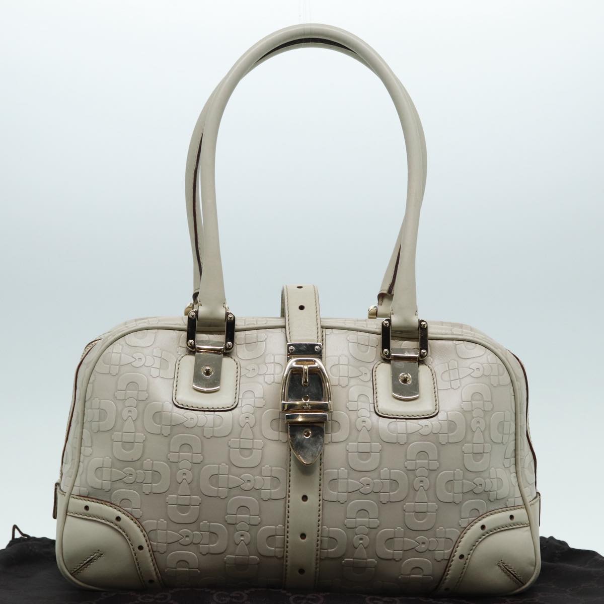 GUCCI Horsebit Shoulder Bag Leather Gold White 145770 Auth bs17324
