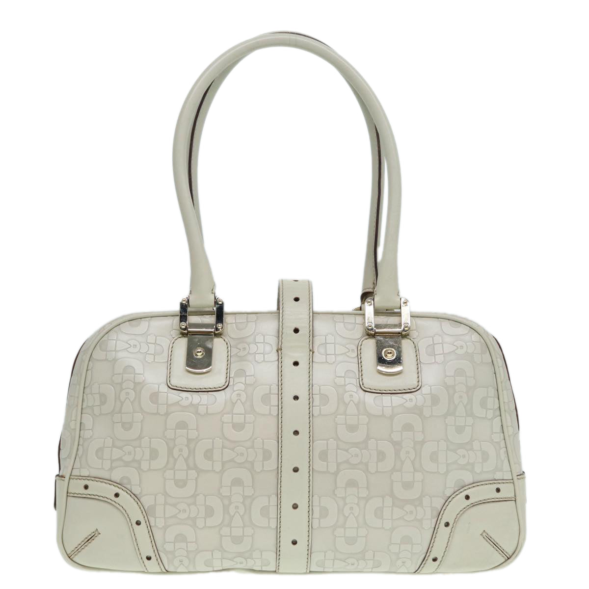 GUCCI Horsebit Shoulder Bag Leather Gold White 145770 Auth bs17324