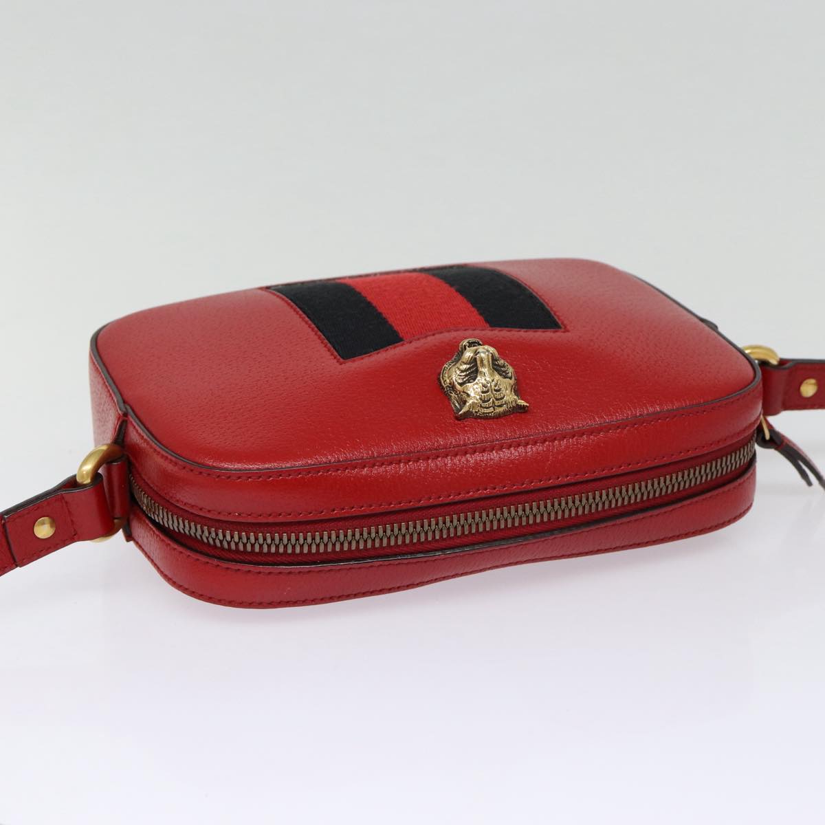 GUCCI Sherry Line Shoulder Bag Leather Gold Red Navy 431284 Auth bs17477