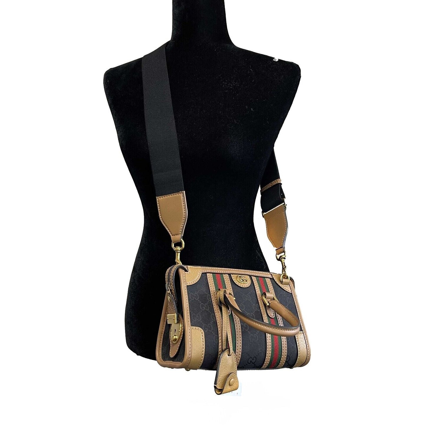 GUCCI GG Canvas Linea Bauletto Plaque Mini Top Handle Crossbody Black/Brown