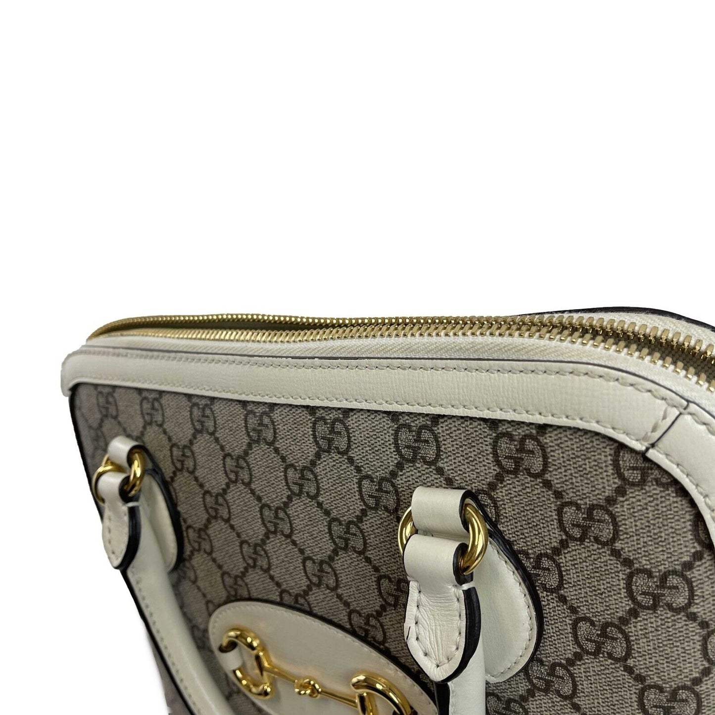 GUCCI GG Supreme 1955 Horsebit Medium Mystic White Top Handle Crossbody