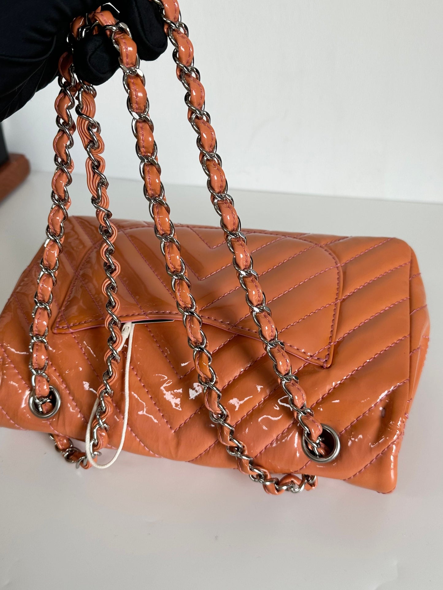 Chanel Patent Chevron Medium Flap Bag - Orange Shoulder Bags, Handbags #E