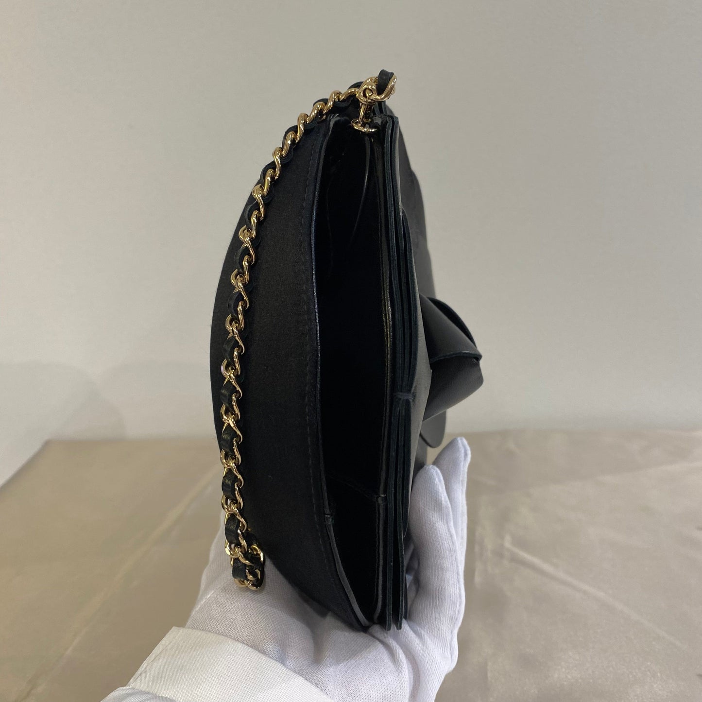 CHANEL VINTAGE CAMELLIA FLOWER CHAIN SHOULDER BAG BLACK LAMB SKIN SATIN 90199296