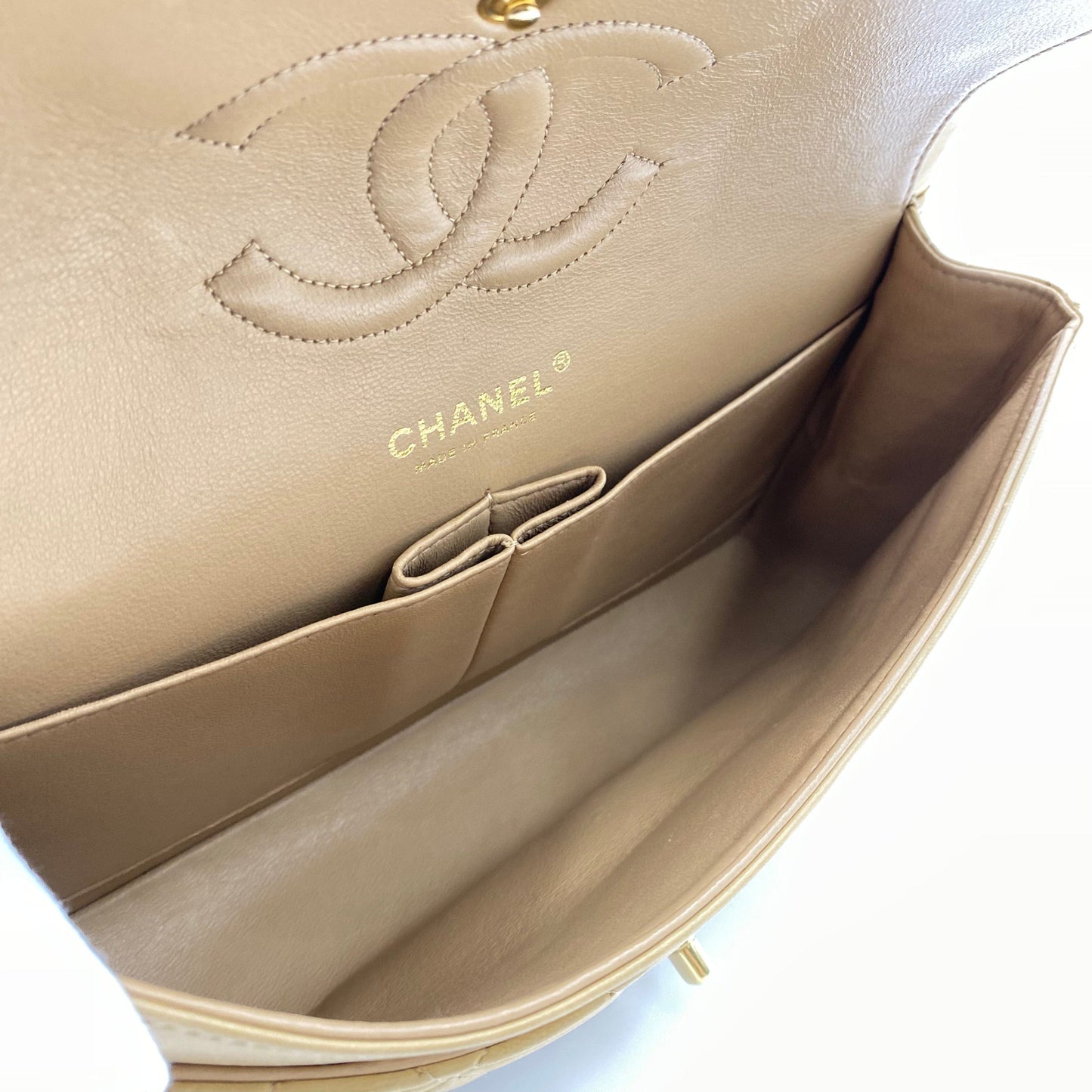 CHANEL VINTAGE CLASSIC FLAP MEDIUM CHAIN SHOULDER BAG BEIGE LAMB SKIN 90188212