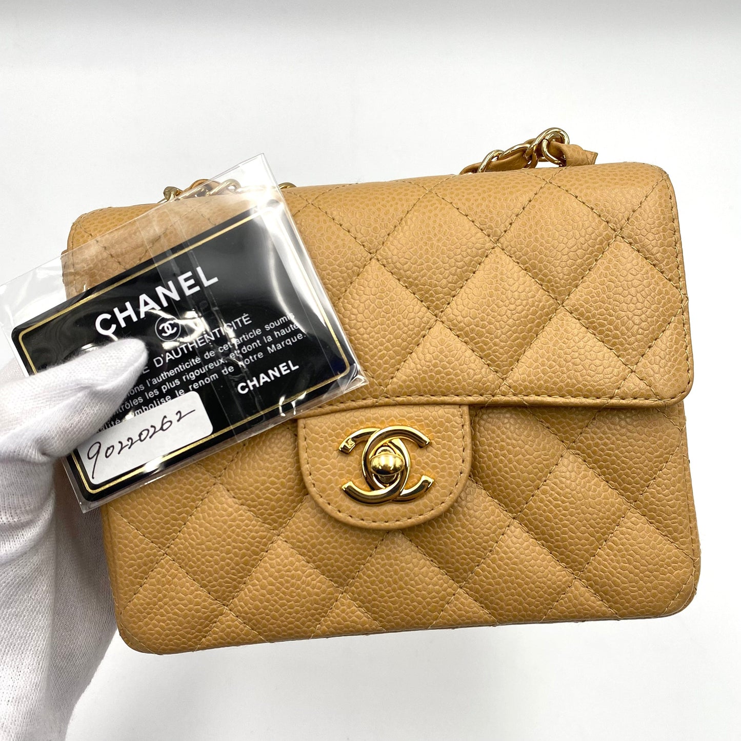 CHANEL VINTAGE MINI SQUARE 17 CHAIN SHOULDER BAG BEIGE CAVIR SKIN 90220262