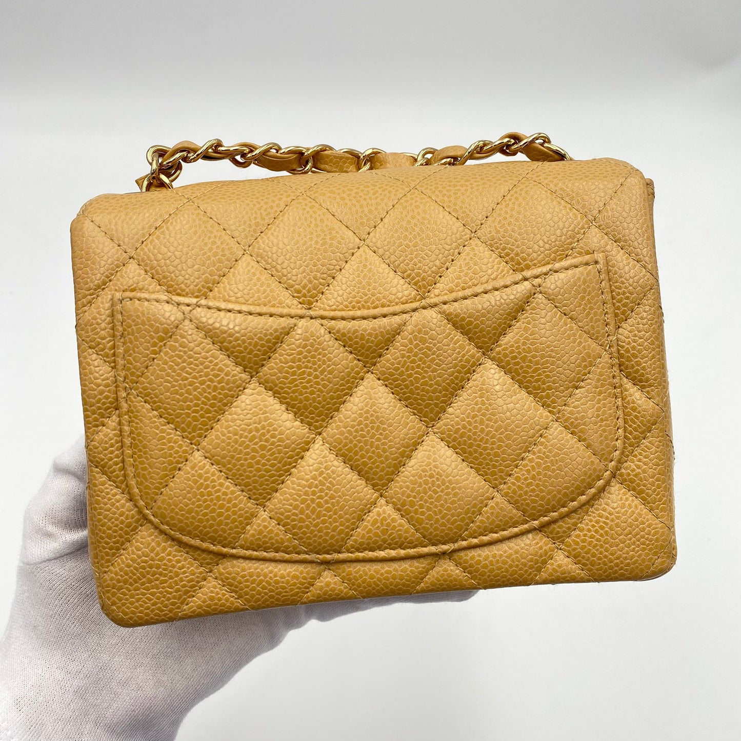 CHANEL VINTAGE MINI SQUARE 17 CHAIN SHOULDER BAG BEIGE CAVIR SKIN 90220262