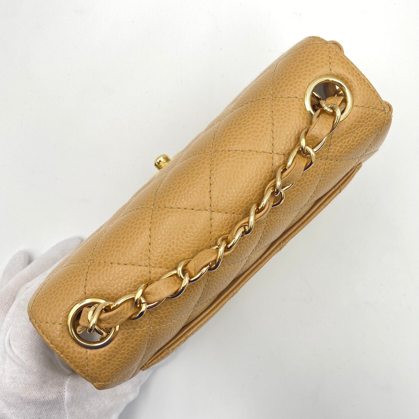 CHANEL VINTAGE MINI SQUARE 17 CHAIN SHOULDER BAG BEIGE CAVIR SKIN 90220262