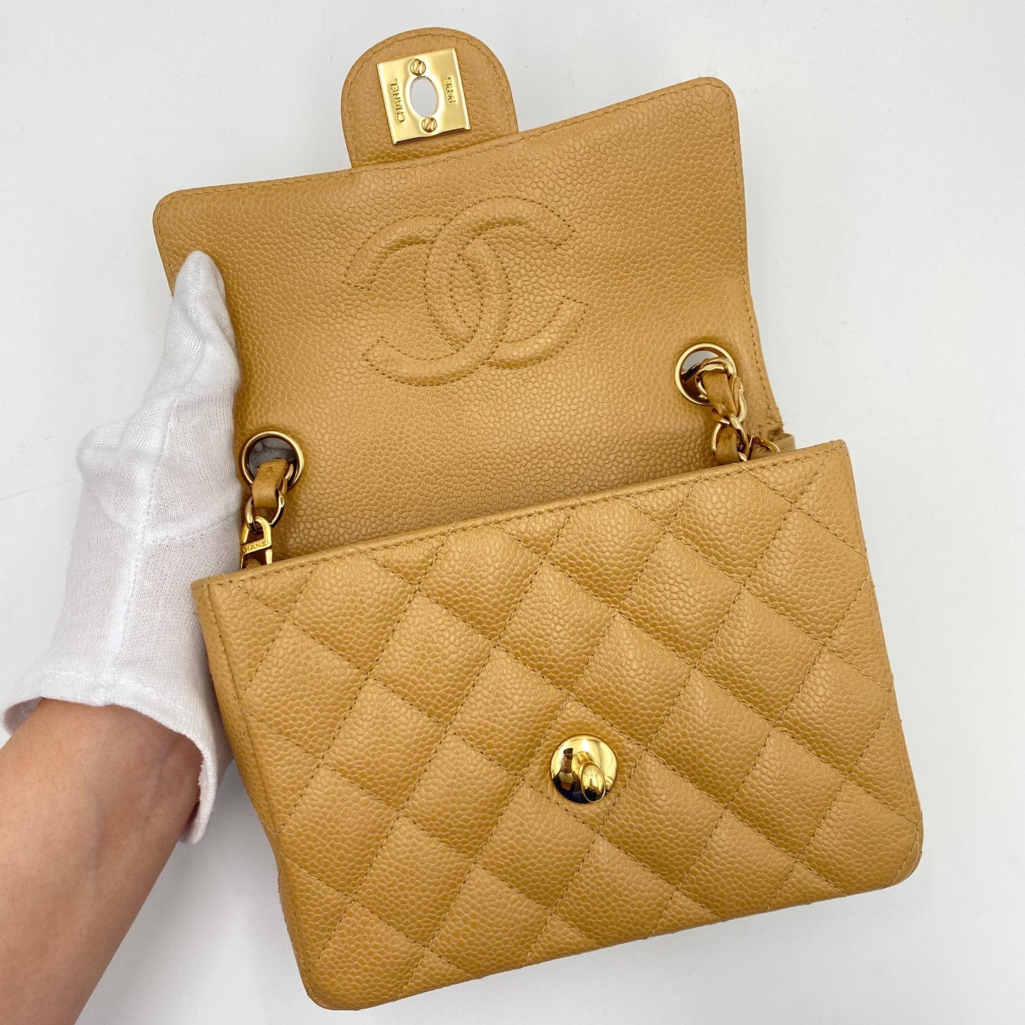 CHANEL VINTAGE MINI SQUARE 17 CHAIN SHOULDER BAG BEIGE CAVIR SKIN 90220262