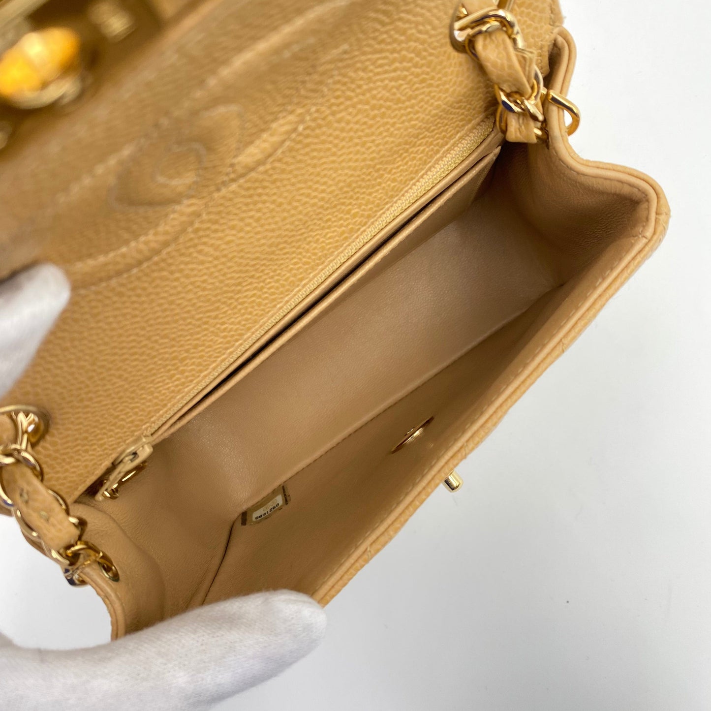 CHANEL VINTAGE MINI SQUARE 17 CHAIN SHOULDER BAG BEIGE CAVIR SKIN 90220262
