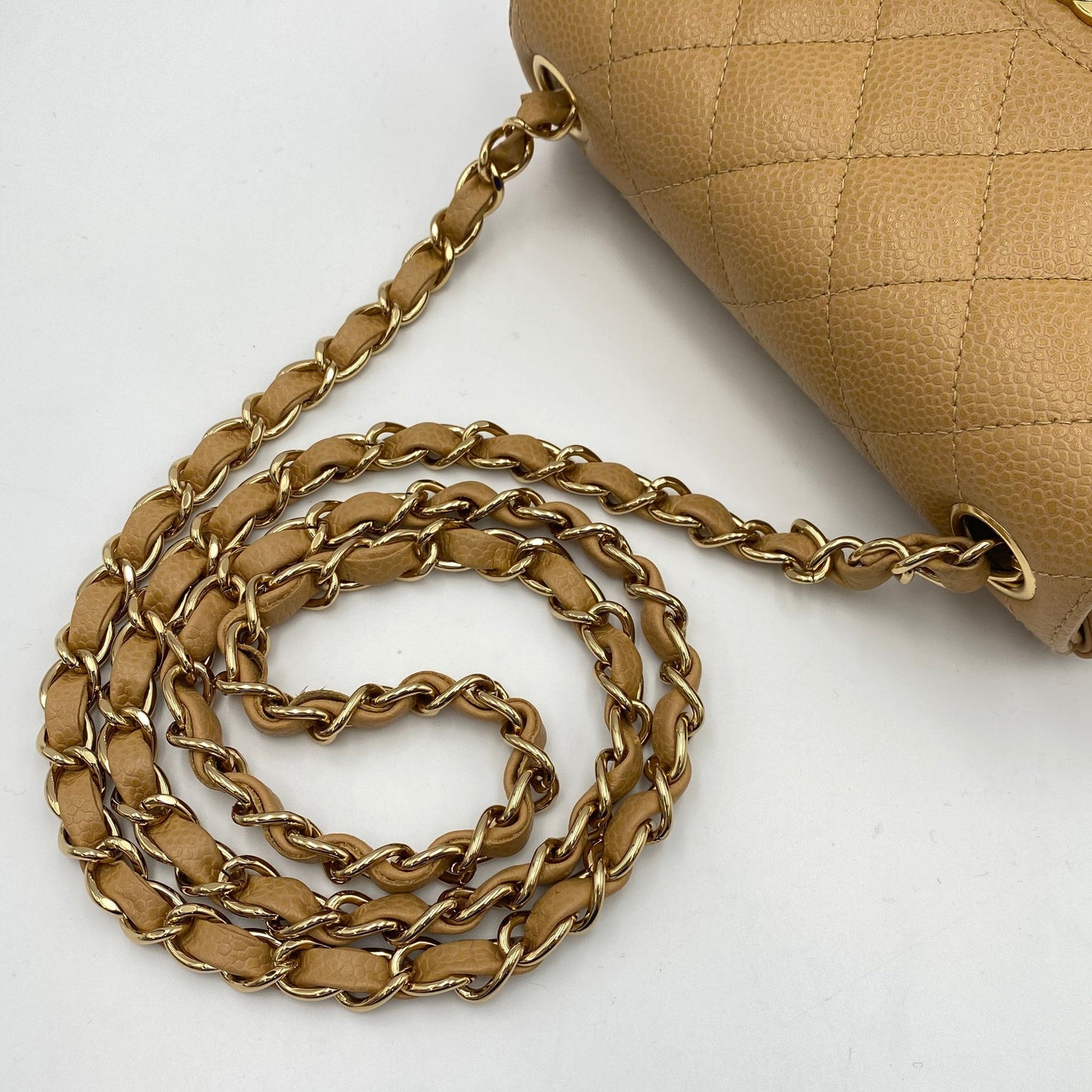 CHANEL VINTAGE MINI SQUARE 17 CHAIN SHOULDER BAG BEIGE CAVIR SKIN 90220262