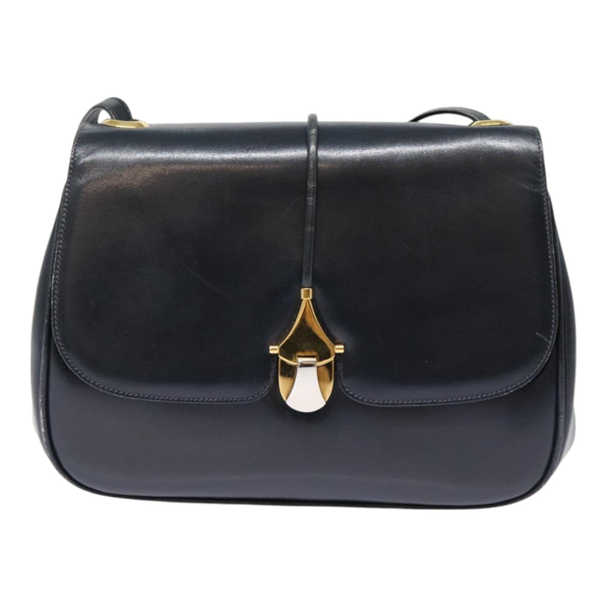 GUCCI Shoulder Bag Leather Navy Gold Auth ep5367
