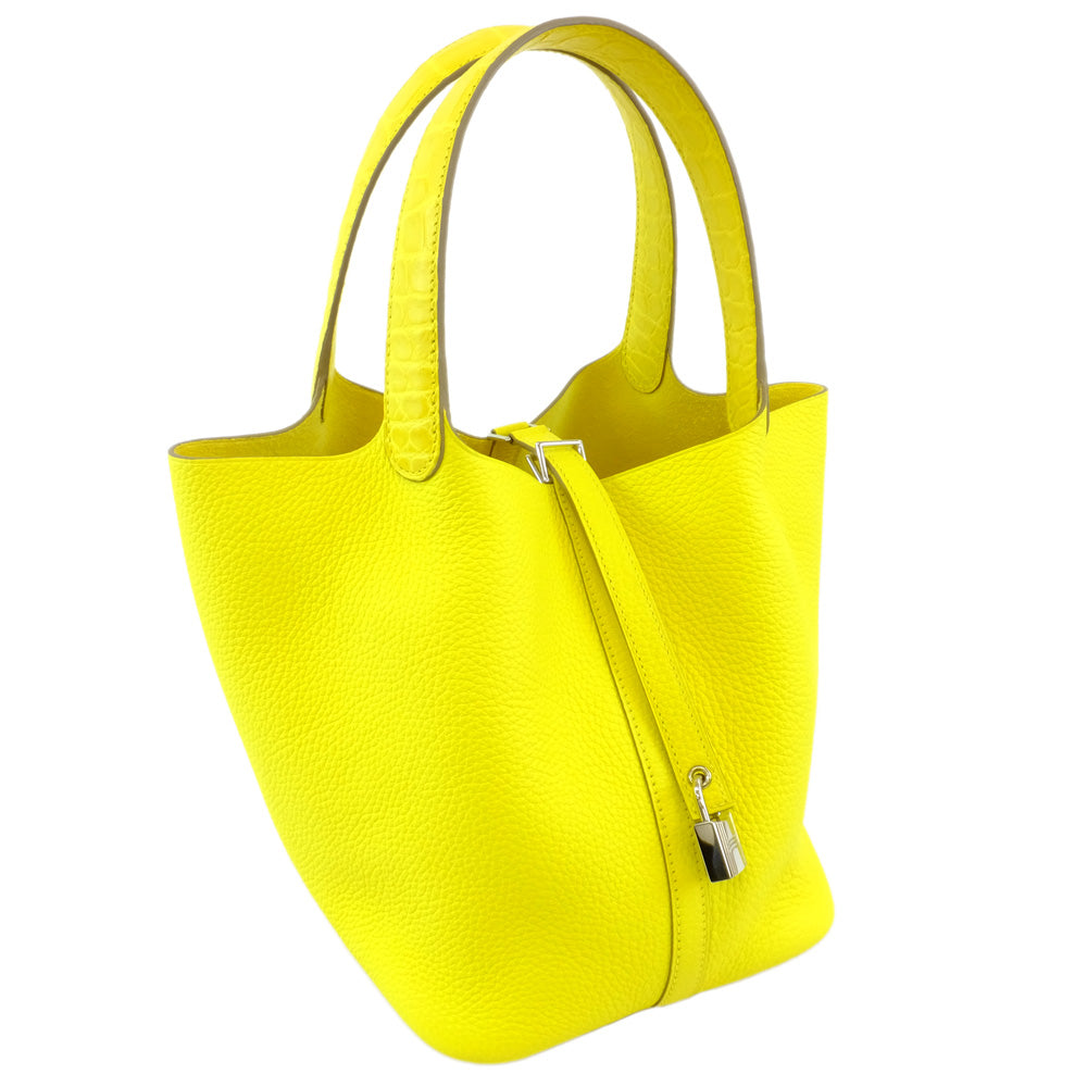 HERMES Hermes Picotin Lock MM Handbag Lime Yellow Silver G Clemence U Shapes Manufactured 2022 Cadena