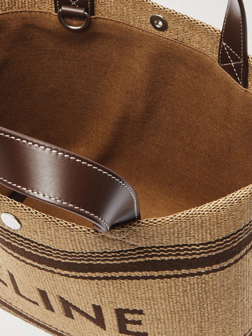 CELINE Cabas Mini Leather-Trimmed Logo-Embroidered Raffia Tote Bag