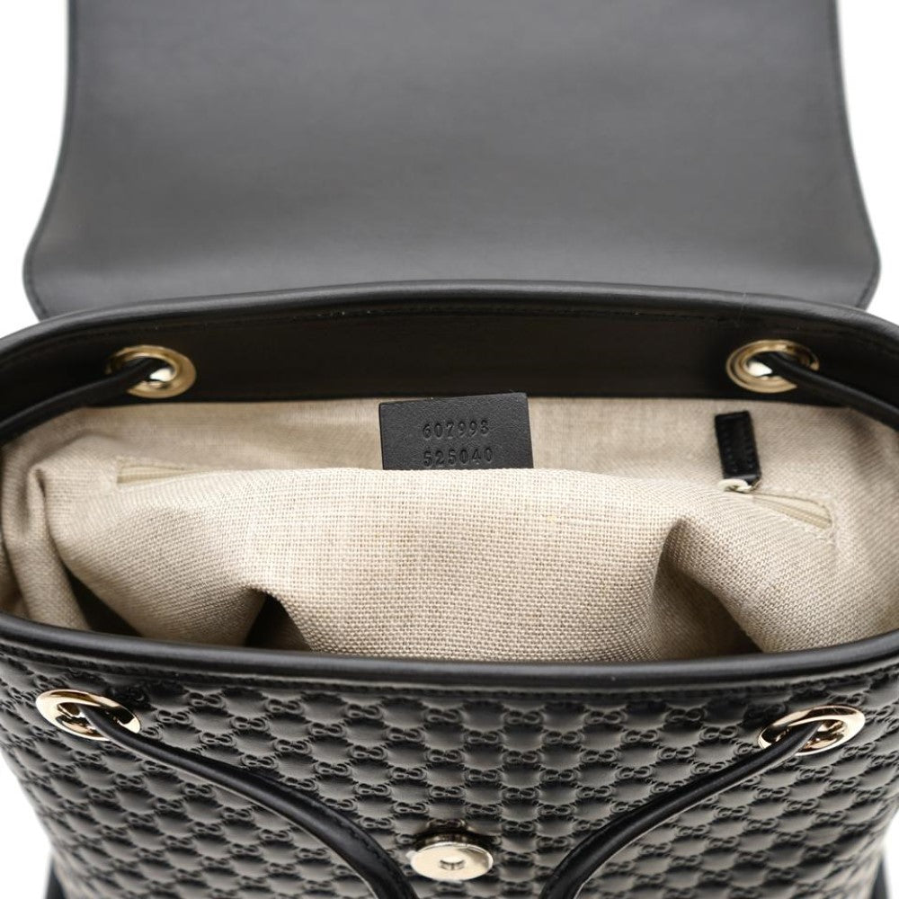 Gucci Microguccisima Black Leather Drawstring Backpack 607993