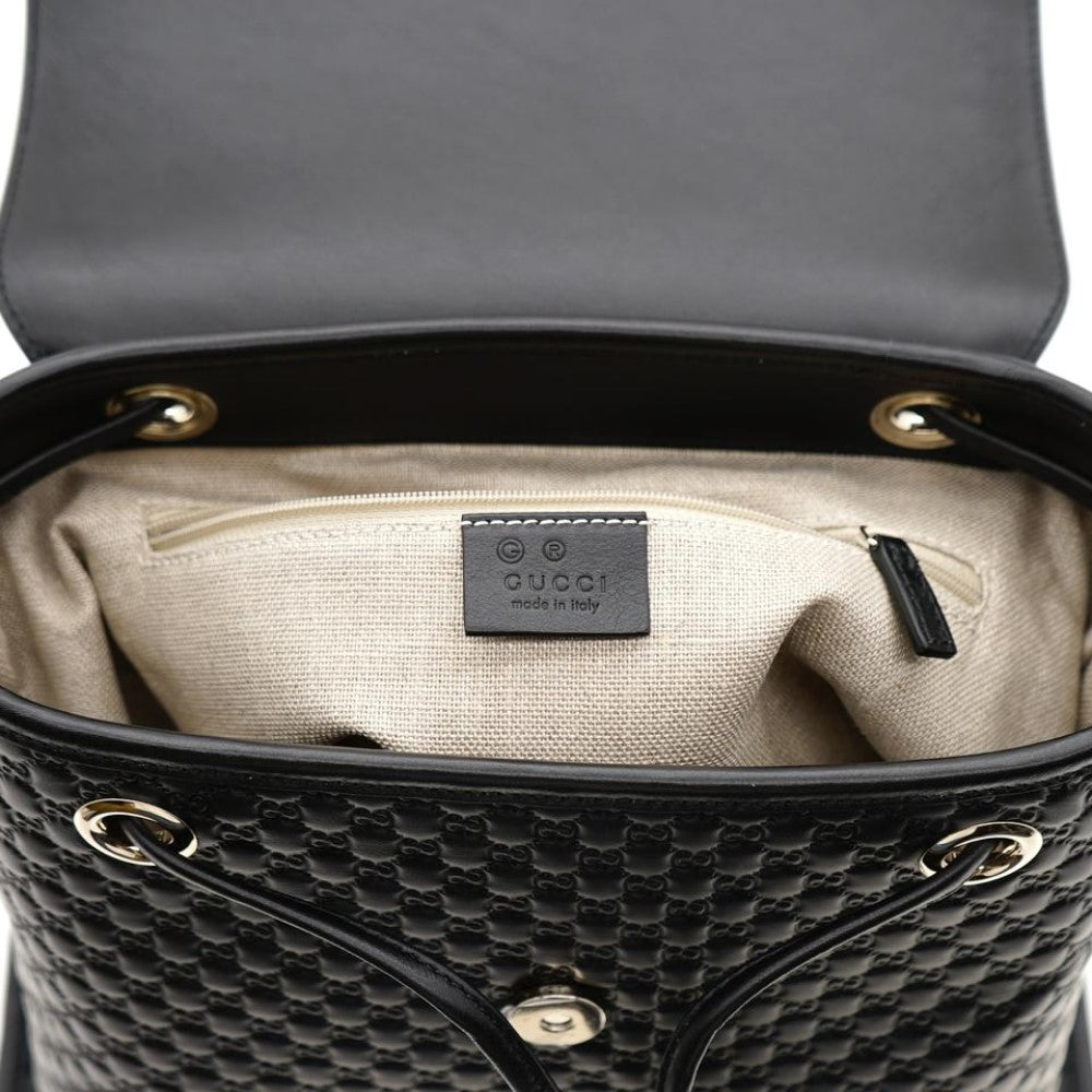 Gucci Microguccisima Black Leather Drawstring Backpack 607993