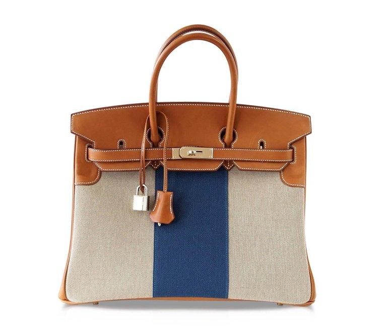 Hermes Birkin 35 Bag Flag Barenia / Toile Blue Permabrass Rare Limited Edition