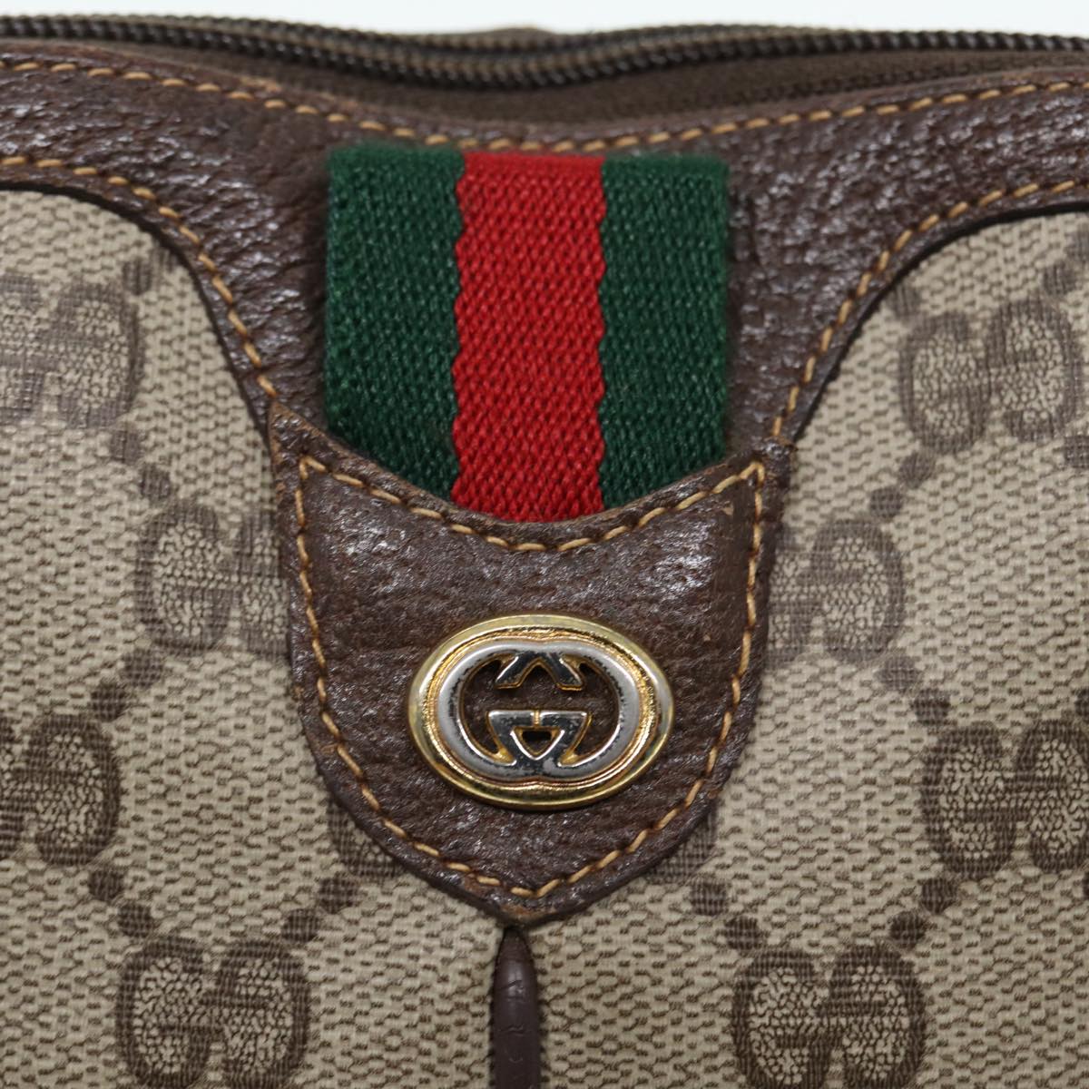 GUCCI GG Supreme Web Sherry Line Shoulder Bag Beige Gold 904 02 047 Auth ki4835