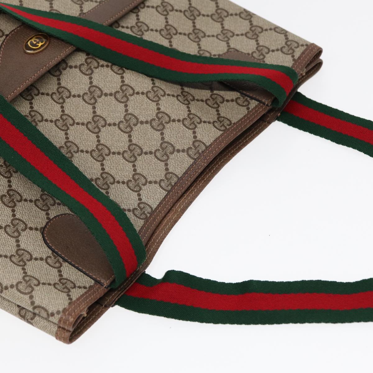 GUCCI GG Canvas Web Sherry Line Tote Bag PVC Leather Beige Green Red Auth kk303