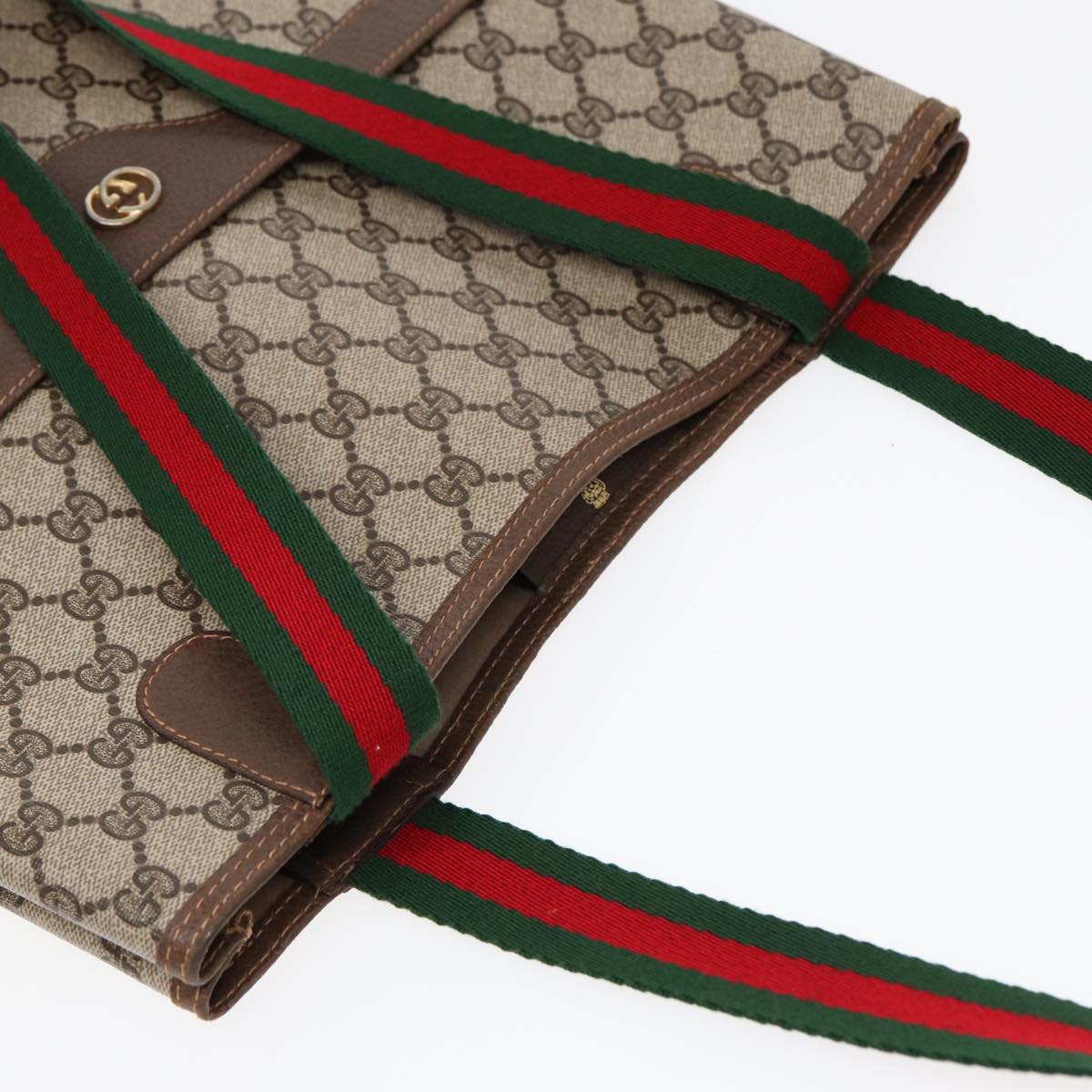 GUCCI GG Canvas Web Sherry Line Tote Bag PVC Leather Beige Green Red Auth kk306