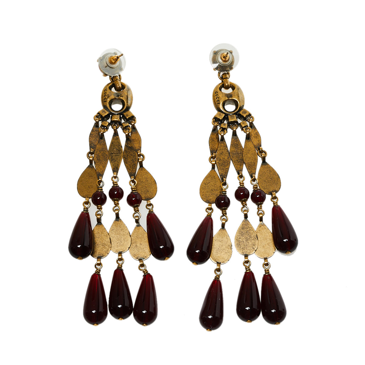 Gucci Aged Gold Tone Garnet Beaded Chandelier Earrings