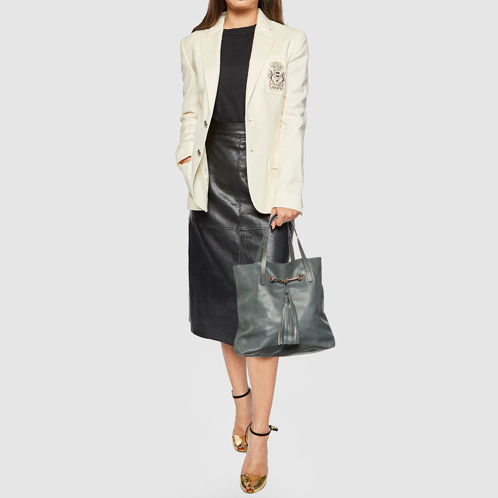 Gucci Ash Grey Leather Tassel Horsebit Tote