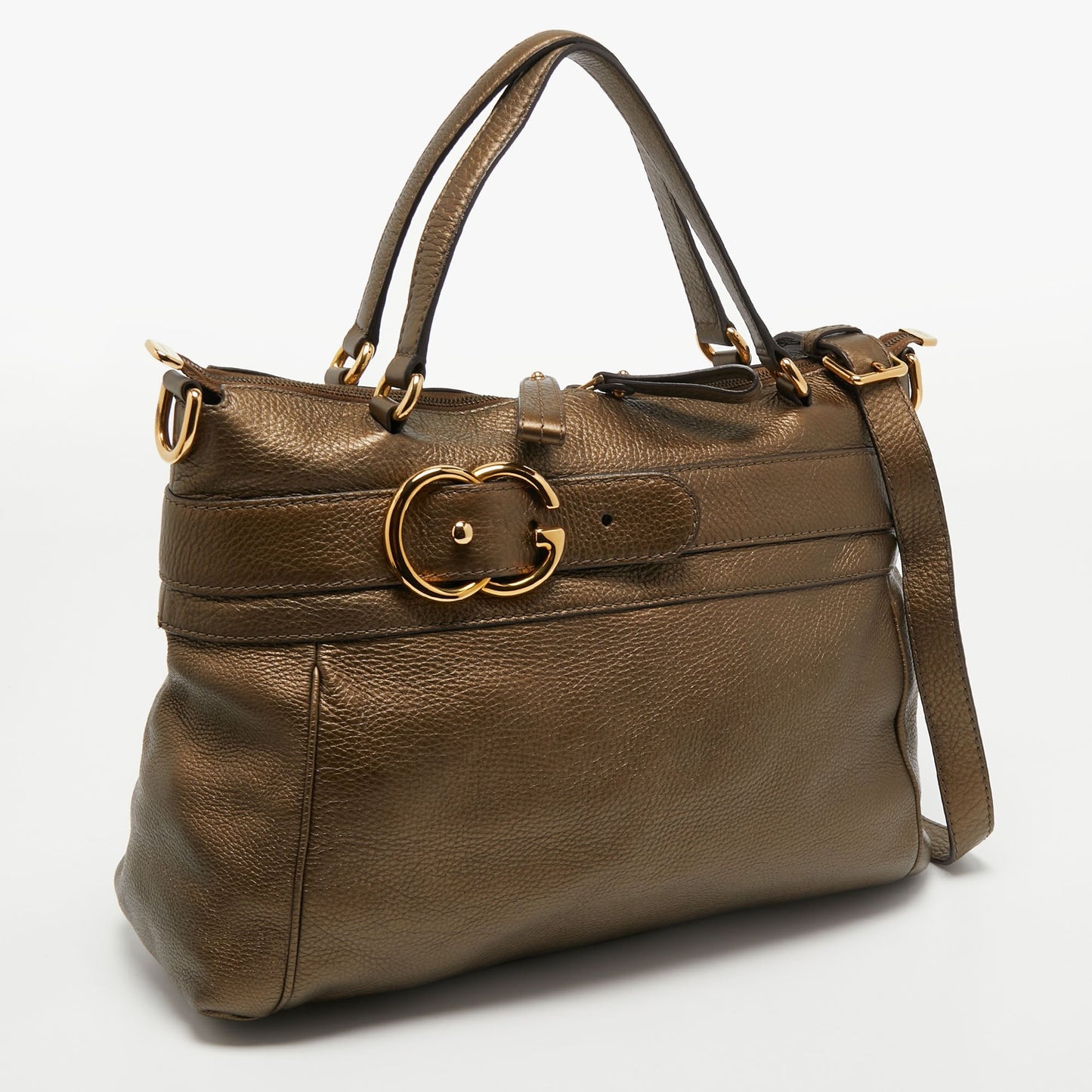Gucci Metallic Olive Green Leather Medium Ride Tote