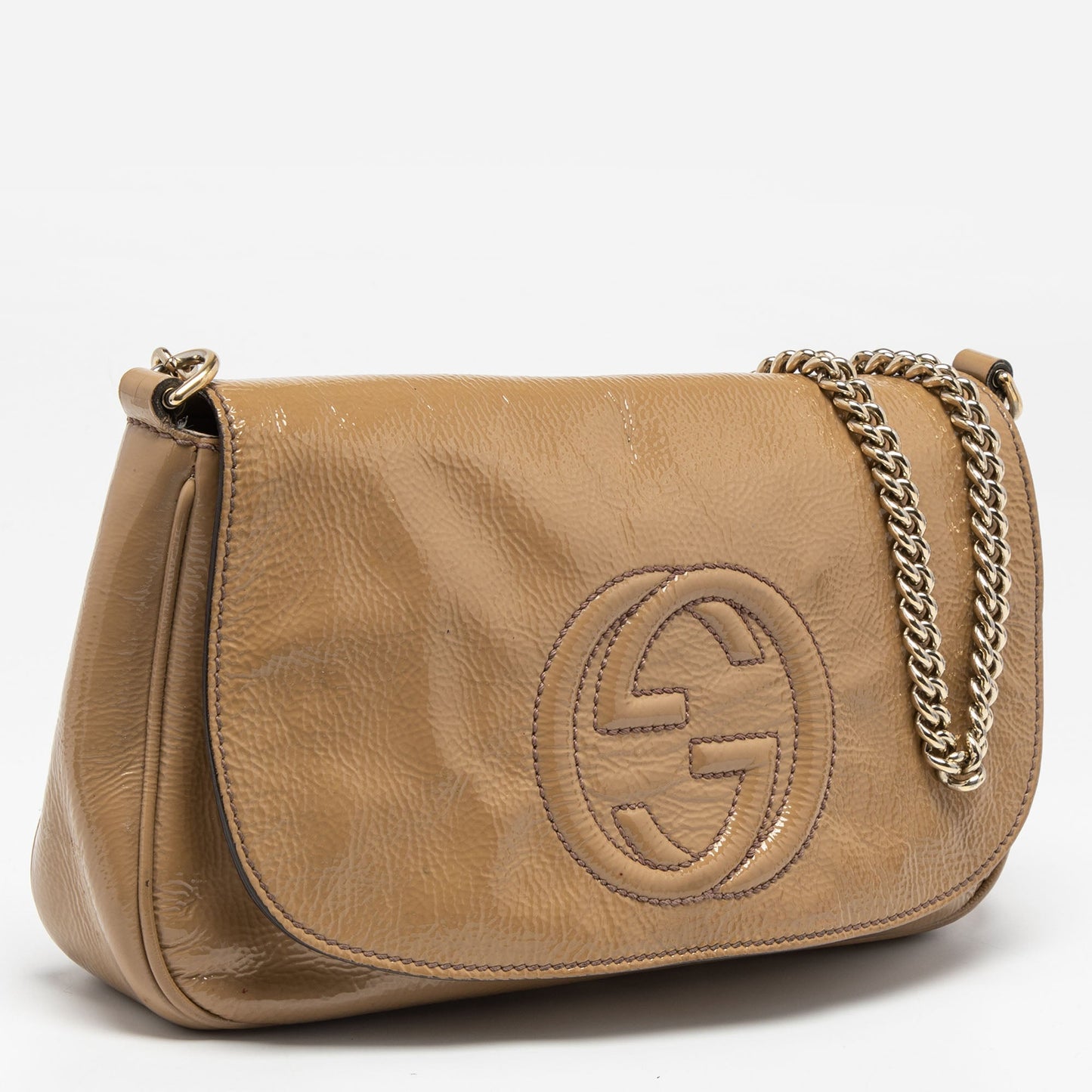 Gucci Beige Patent Leather Soho Flap Shoulder Bag