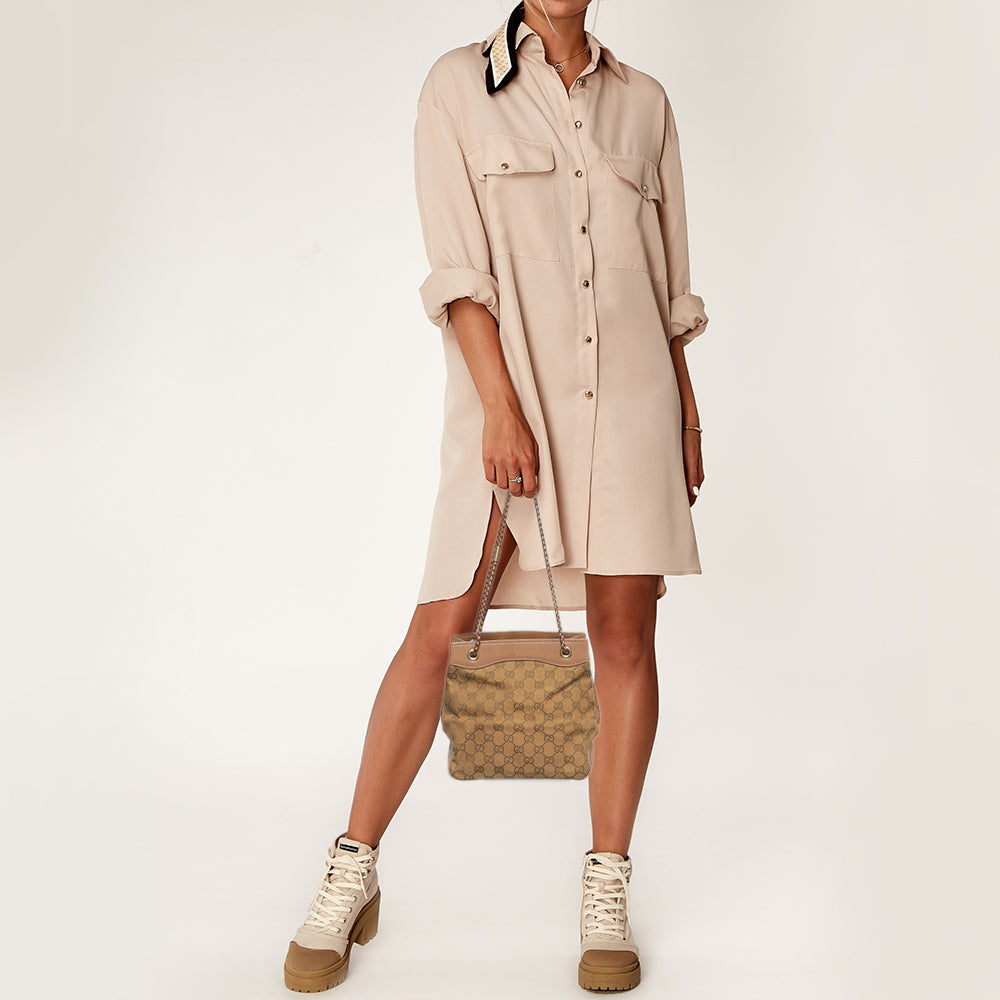 Gucci Beige GG Canvas and Leather Braided Handle Tote