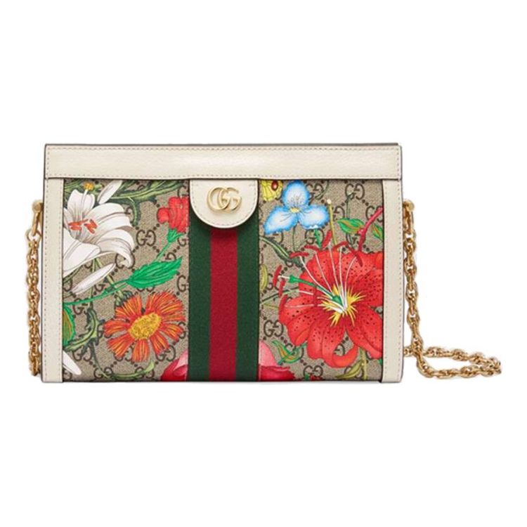 (WMNS) GUCCI Ophidia Flowers Printing Logo Stripe Webbing Canvas Chain Shoulder Messenger Bag Small / White / Multi-Color 503877-HV8AC-9759