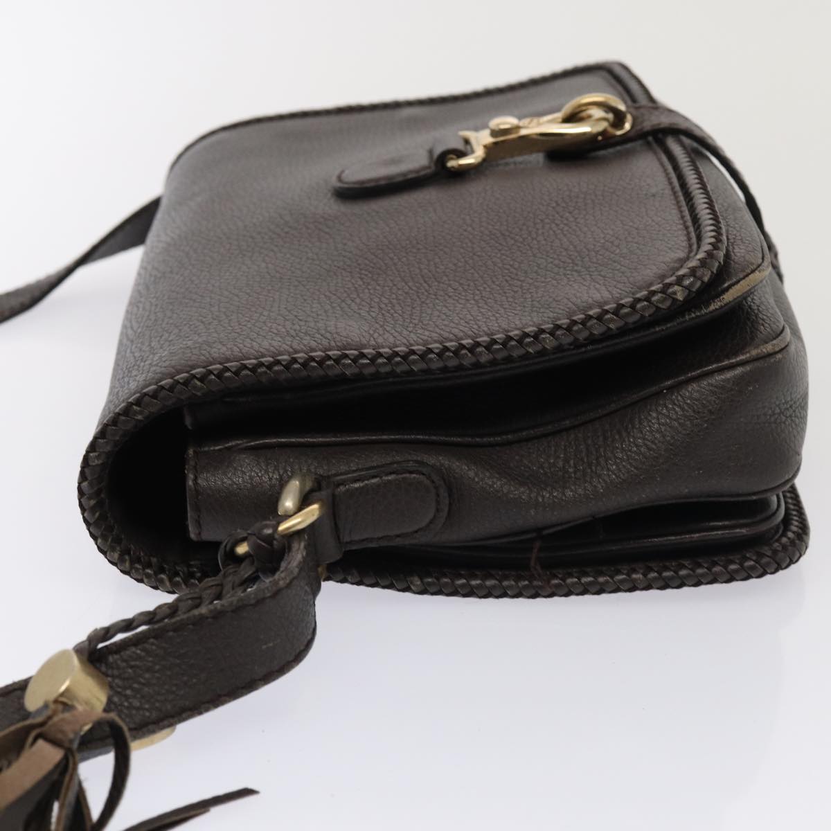 GUCCI Shoulder Bag Leather Brown Gold Auth mr405