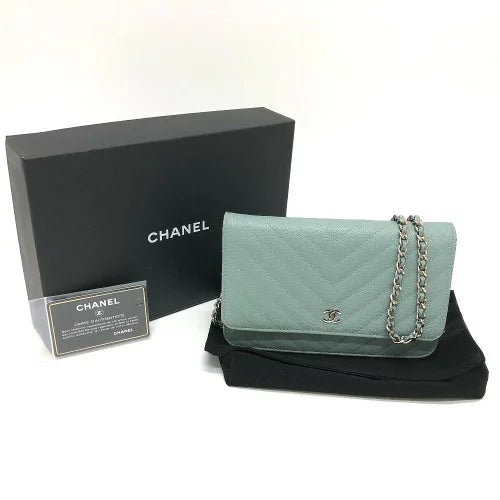 CHANEL Shoulder Bag Caviar skin blue Long Wallet Purse Bag Crossbody Vstitch COCO Mark CC