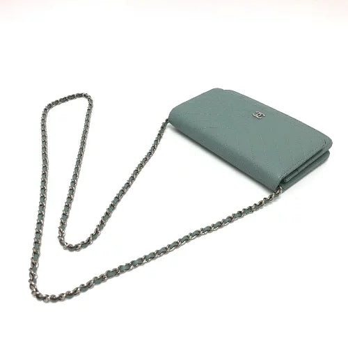 CHANEL Shoulder Bag Caviar skin blue Long Wallet Purse Bag Crossbody Vstitch COCO Mark CC