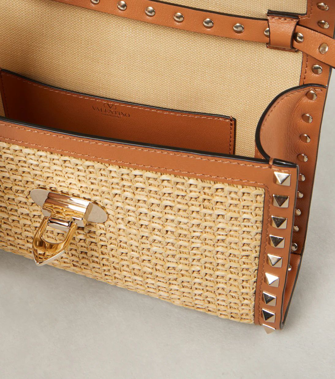 Valentino Garavani Raffia Calfskin Small Rockstud Flip lock Crossbody Bag