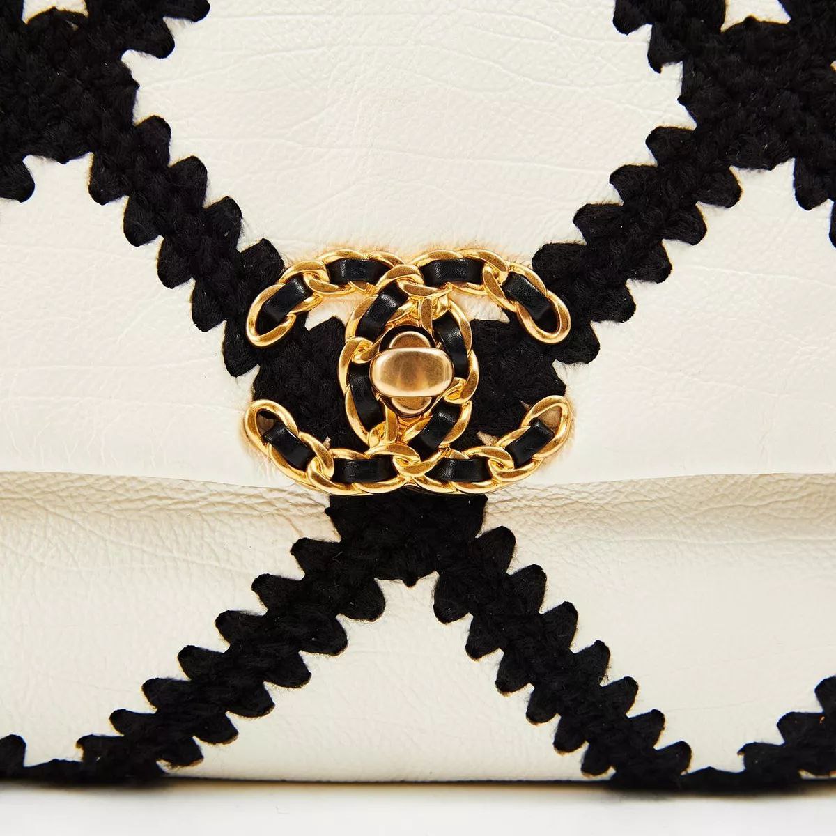 Chanel White Black Calfskin Crochet Bag