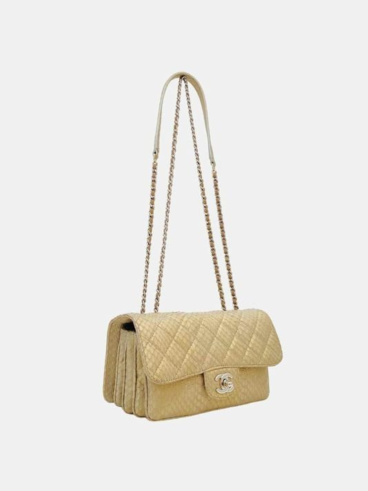 CHANEL 3 Accordian Flap Beige Quilted Shoulder Bag