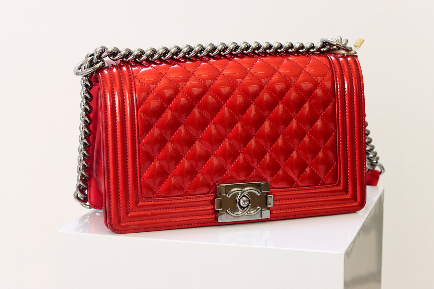 Chanel Boy Red Patent Leather Quilted Shoulder Bag Medium
