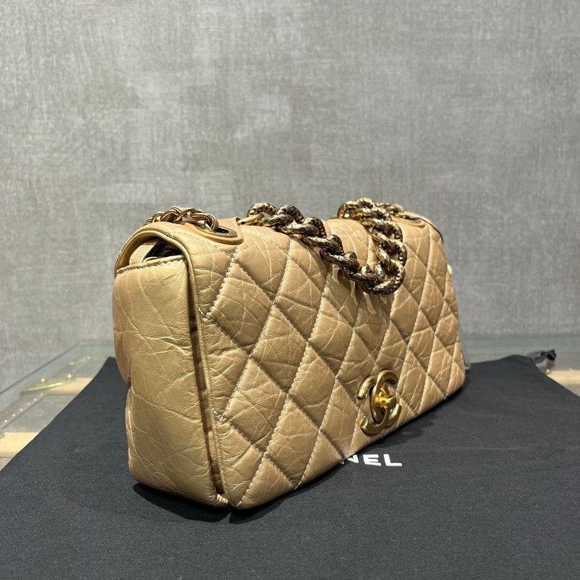 Chanel Double Flap Beige Quilted Leather Chain Shoulder Bag **cm