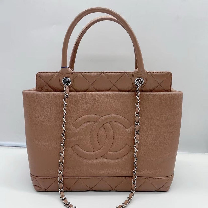 Chanel Beige Leather Quilted Tote Bag Medium Size Chain Shoulder Strap
