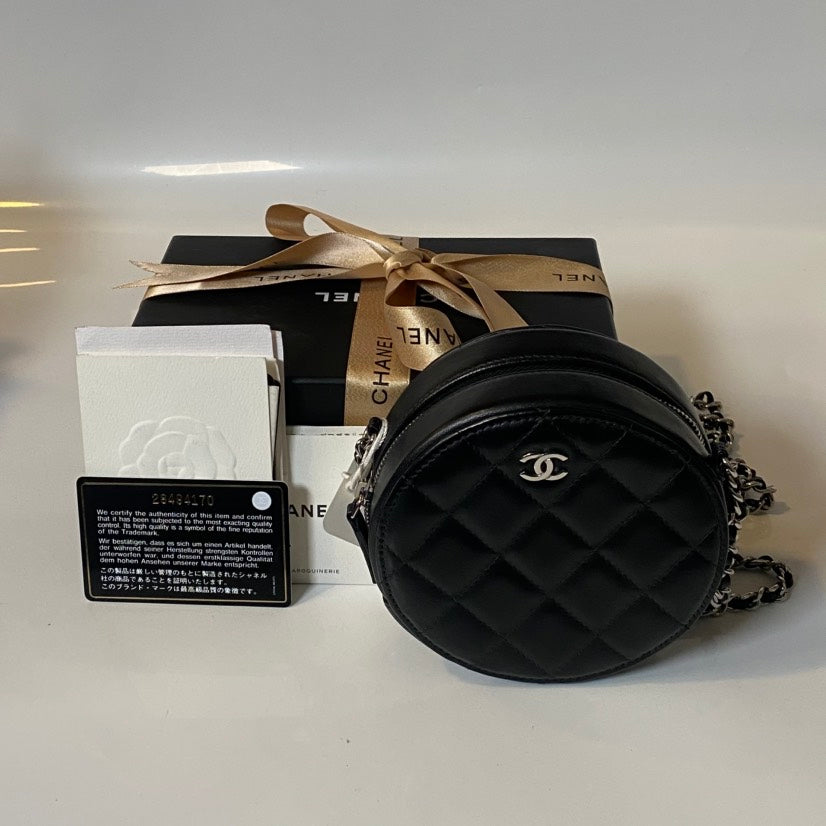 Preloved Chanel Round Cake Bag Black Leather Crossbody