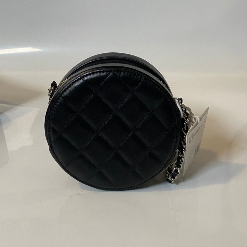 Preloved Chanel Round Cake Bag Black Leather Crossbody