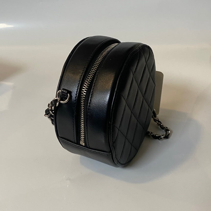 Preloved Chanel Round Cake Bag Black Leather Crossbody