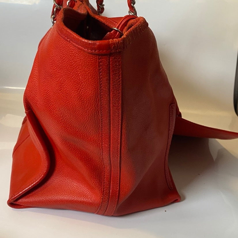 Preloved Chanel XL Shopping Tote Red Leather Shoulder Bag