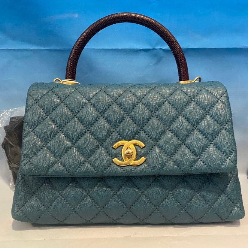 Chanel Quilted Top Handle Bag Army Blue Leather Shoulder Bag