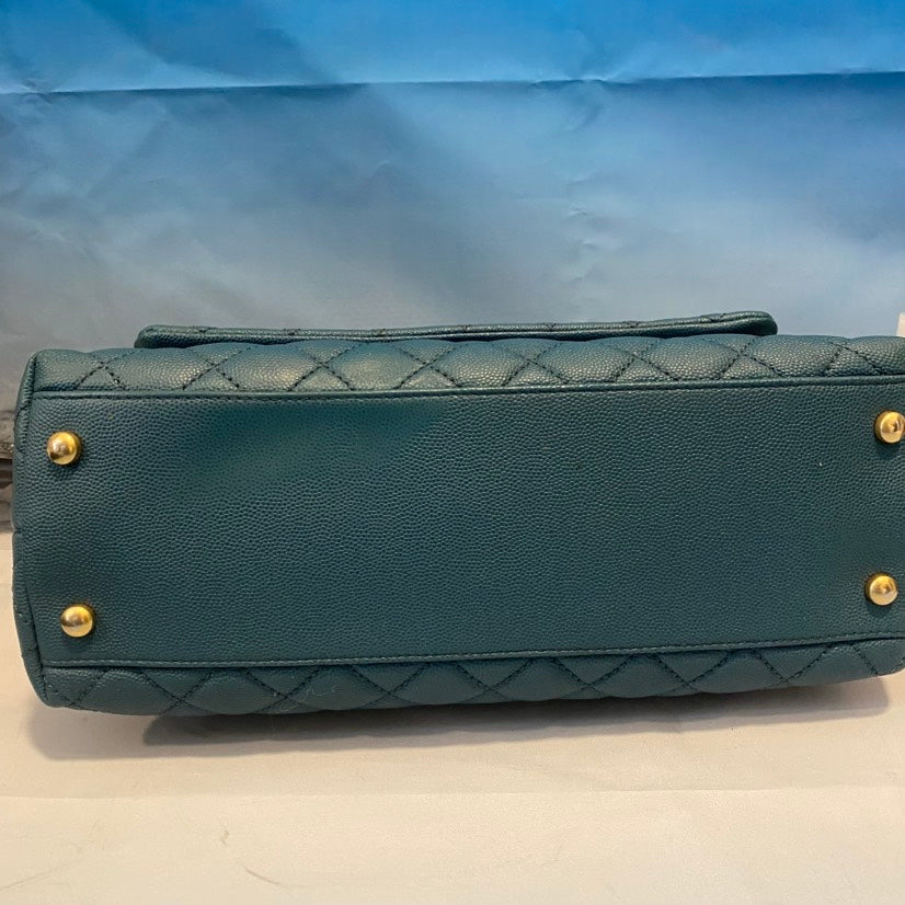 Chanel Quilted Top Handle Bag Army Blue Leather Shoulder Bag