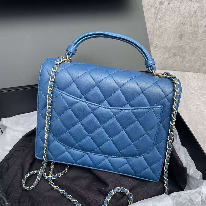 Chanel Blue Quilted Calfskin Top Handle Flap Bag Medium