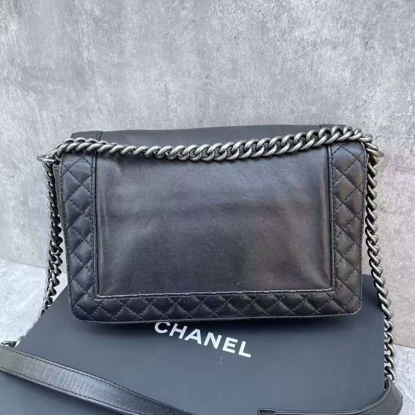 Chanel Boy Flap Bag Black Caviar Leather Medium Chain Strap
