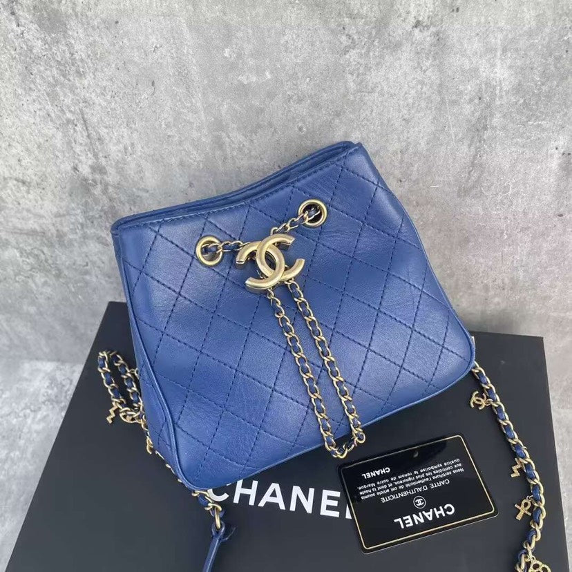 Chanel Blue Quilted Calfskin Bucket Bag Gold Chain