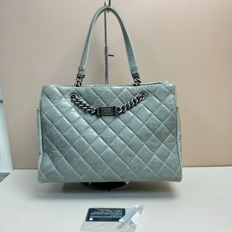 Chanel Calfskin Chain Tote Bag Quilted Silver Medium