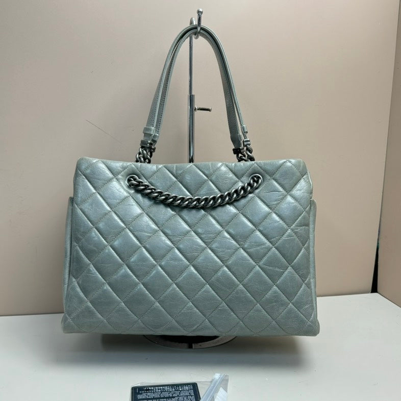 Chanel Calfskin Chain Tote Bag Quilted Silver Medium